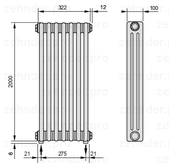 Схема (чертеж) Радиатор Zehnder Charleston 3200/7 №5310 Белый глянцевый RAL 9016